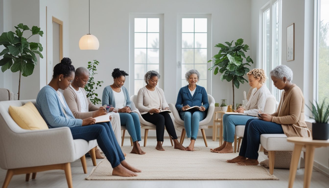 A group of adults sitting quietly in a bright room, engaged in journaling and meditation, surrounded by plants and comfortable furniture.