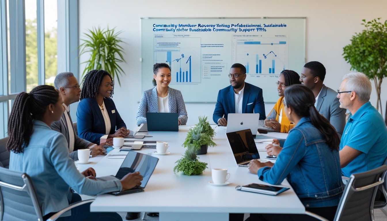 A diverse group of people sitting around a table in a bright room, discussing community support strategies.