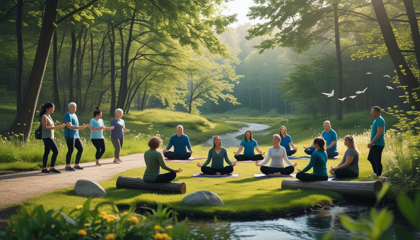A group of people in a forest clearing participating in outdoor activities like walking, yoga, and group discussion surrounded by trees, wildflowers, and a stream.