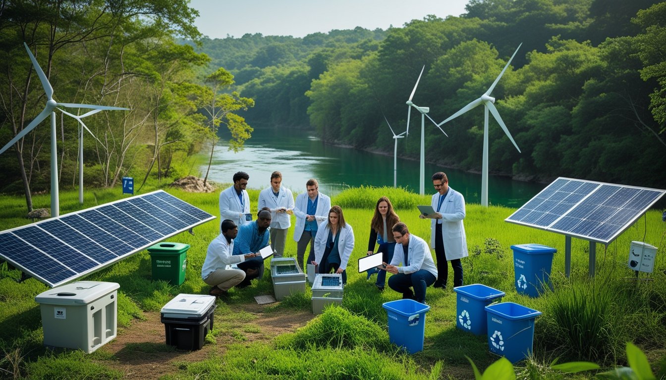 A group of people working outdoors surrounded by solar panels, wind turbines, and greenery near a clean river.