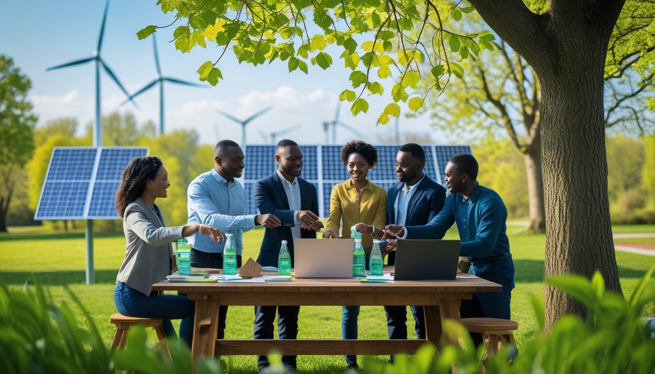 A diverse group of people discussing eco-friendly recovery outdoors at a wooden table with solar panels and wind turbines in the background.