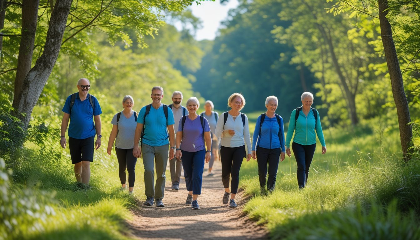 A group of adults walking peacefully along a forest trail surrounded by green trees and sunlight.