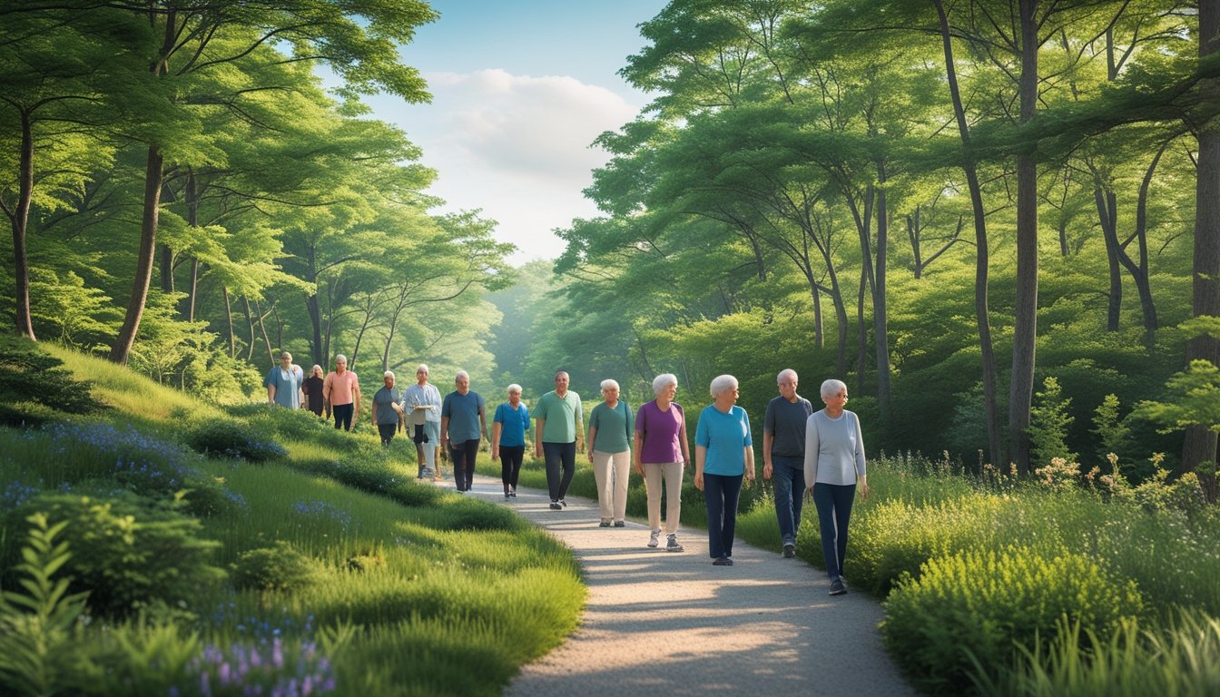 A group of adults walking along a forest trail surrounded by green trees and plants, enjoying a peaceful nature walk.