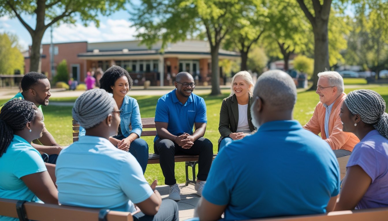 A diverse group of people sitting in a circle outdoors, talking and supporting each other in a community park near a community centre.