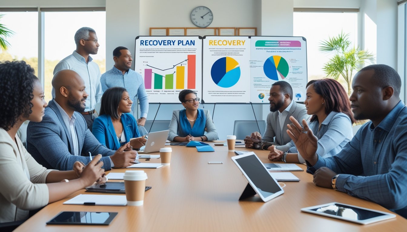 A diverse group of people sitting around a table in a bright room, engaged in a discussion about addiction recovery strategies.