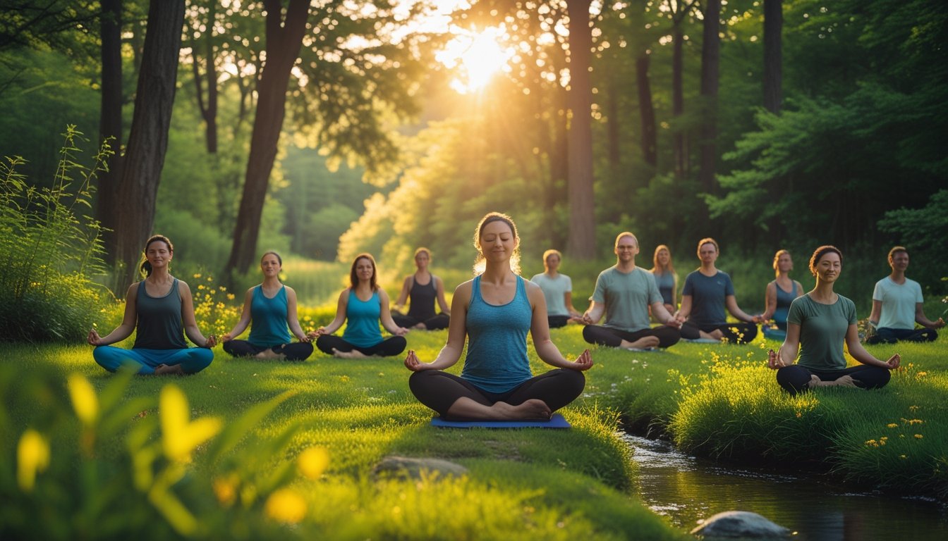 People meditating and doing yoga in a sunlit forest near a clear stream surrounded by green trees and wildflowers.