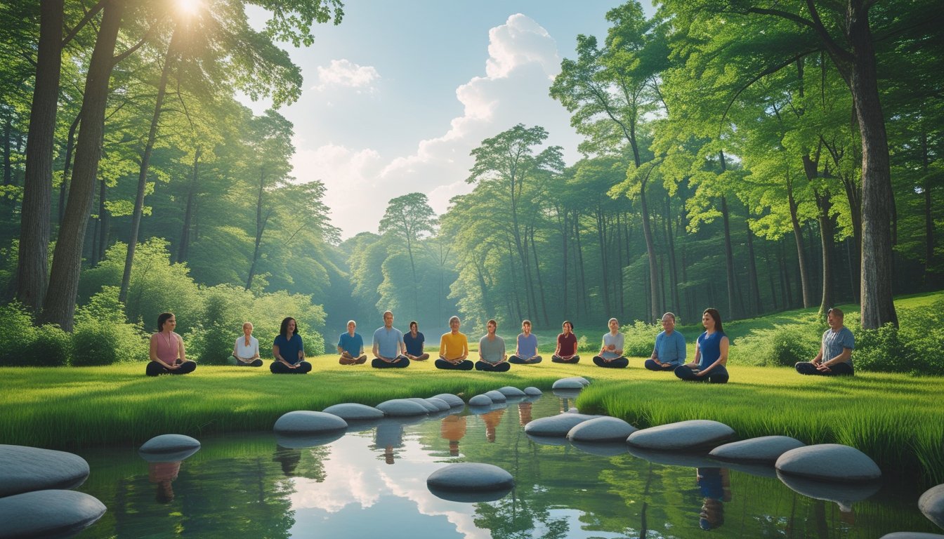 A peaceful forest with a flowing stream and people relaxing outdoors, enjoying nature.