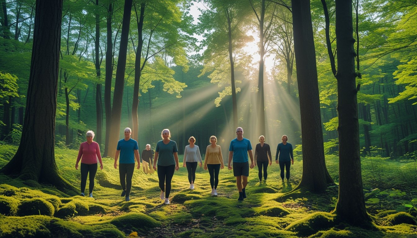People walking and meditating peacefully in a sunlit forest surrounded by tall green trees and moss-covered ground.