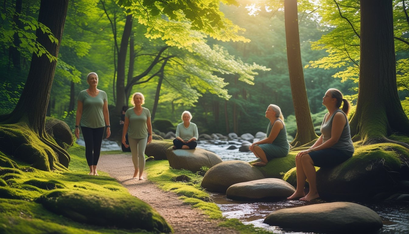 People peacefully walking and sitting in a sunlit forest surrounded by tall trees and a flowing stream.