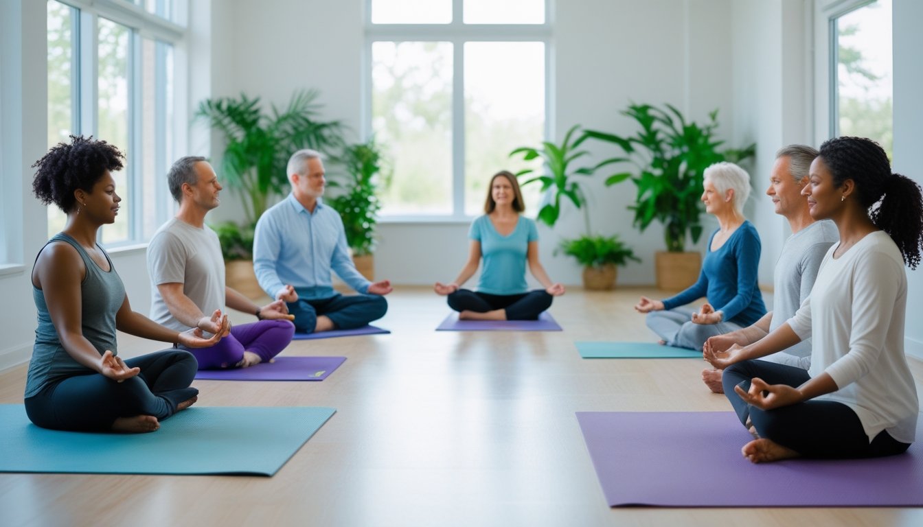 A group of adults practicing meditation and yoga in a bright room with a therapist guiding them.