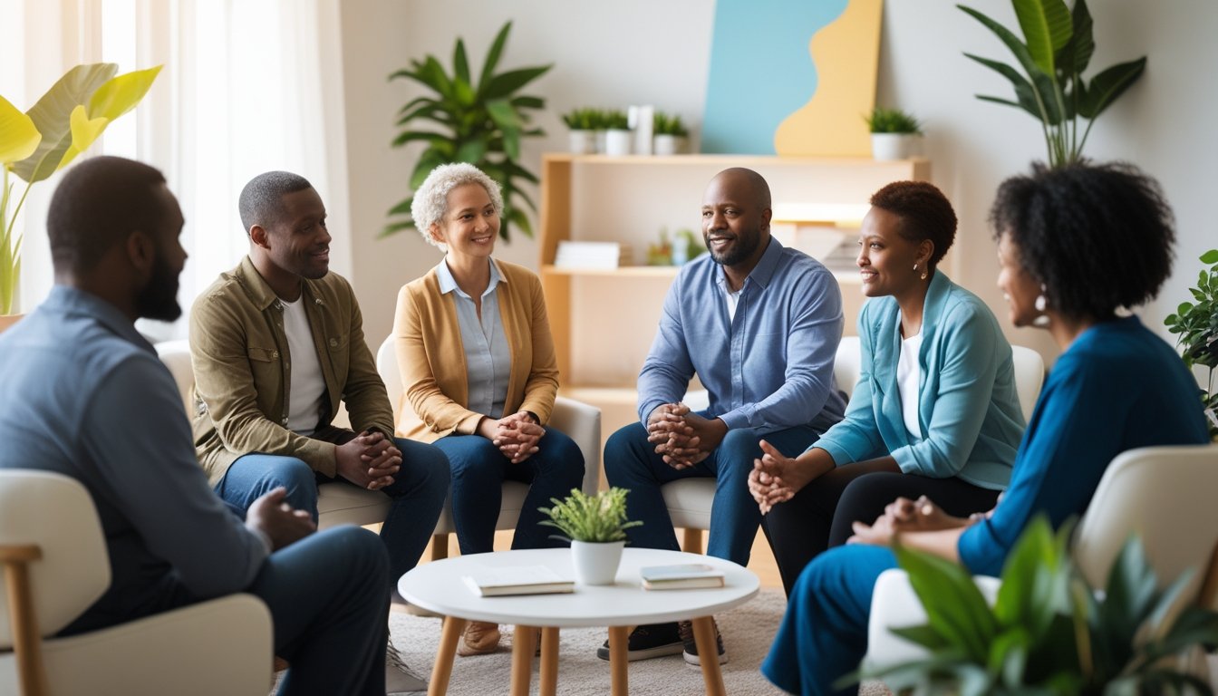 A group of adults sitting in a circle in a bright room, engaged in a supportive discussion led by a facilitator.