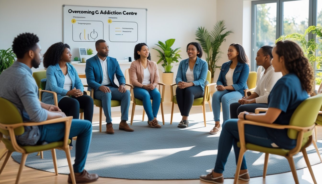 A diverse group of people sitting in a circle in a bright room, engaged in a supportive group discussion about overcoming addiction.