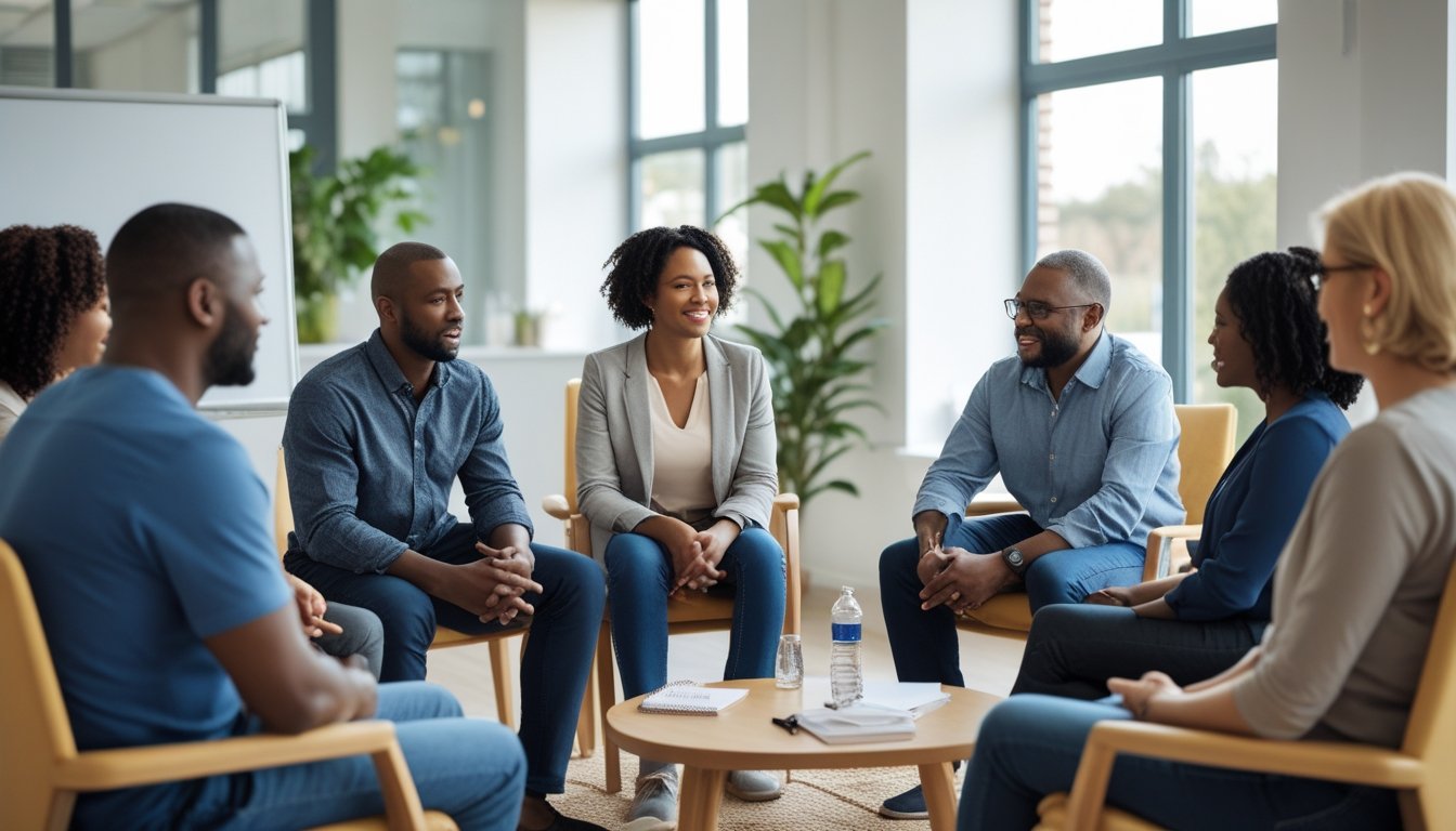 A diverse group of adults sitting in a circle during a supportive group therapy session, engaged in conversation in a bright room.