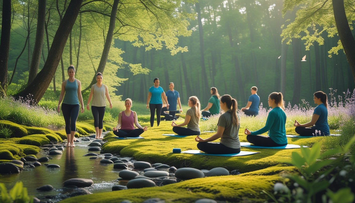 People engaging in calming nature activities like walking by a stream, meditating, and doing yoga in a sunlit forest clearing.