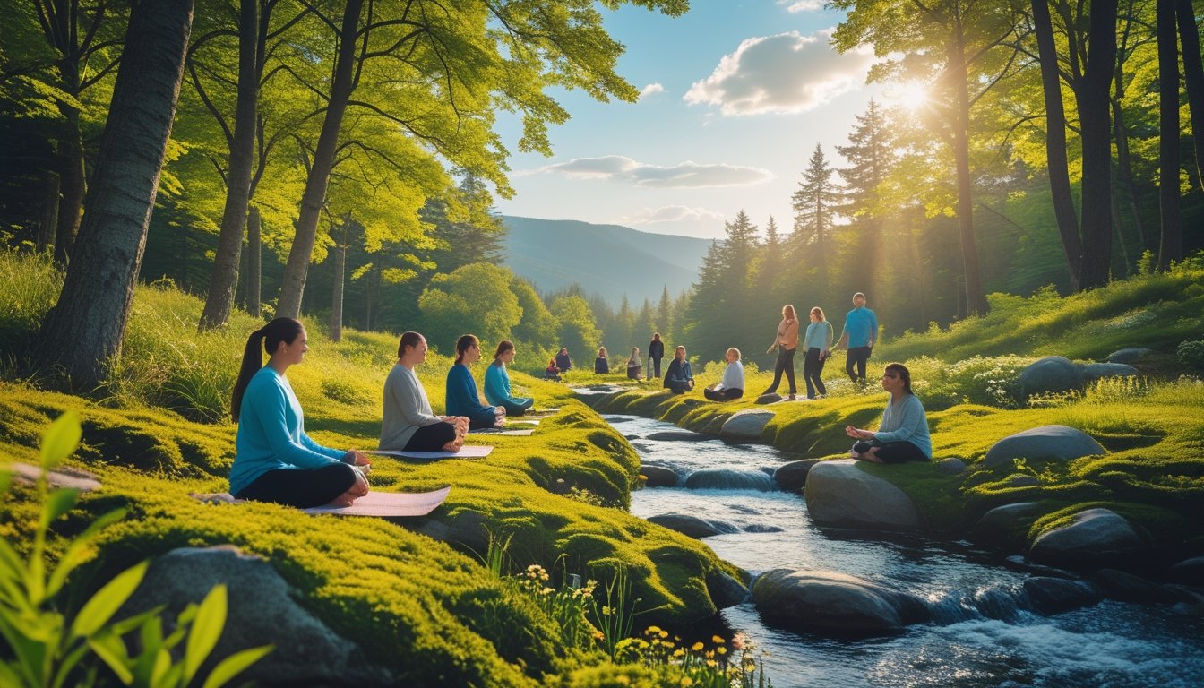 People walking, sitting, and meditating in a sunlit forest near a stream surrounded by trees and mountains.