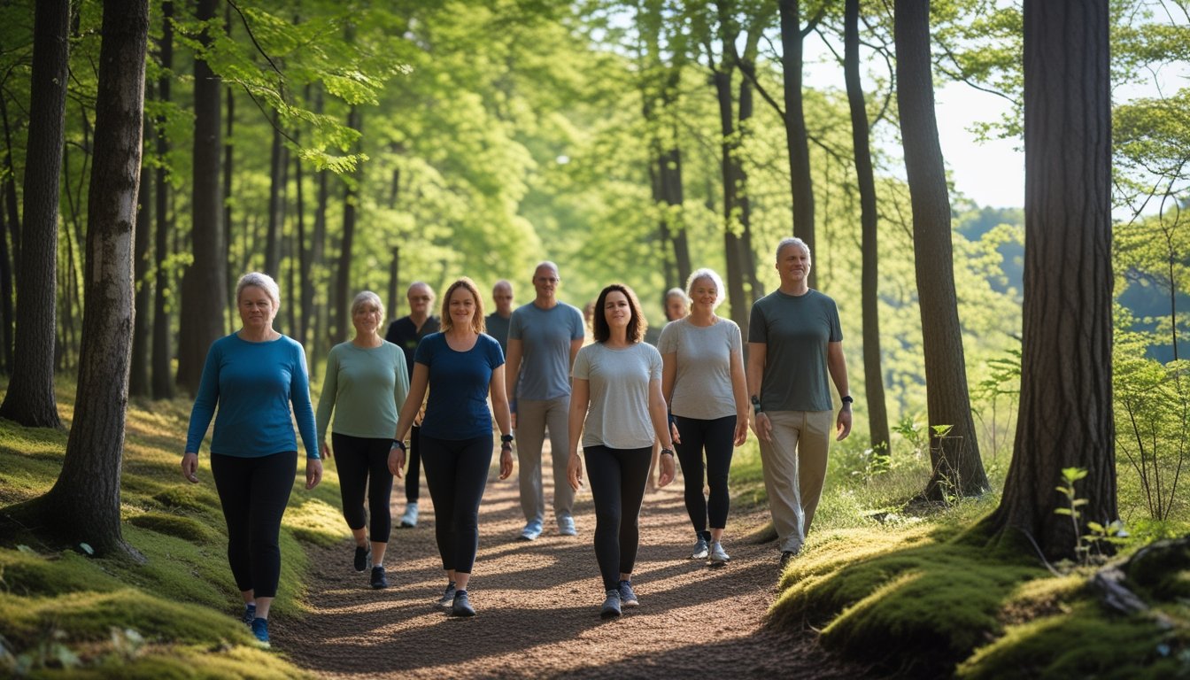 A group of adults walking slowly along a sunlit forest trail, surrounded by tall green trees and soft moss, appearing calm and mindful.
