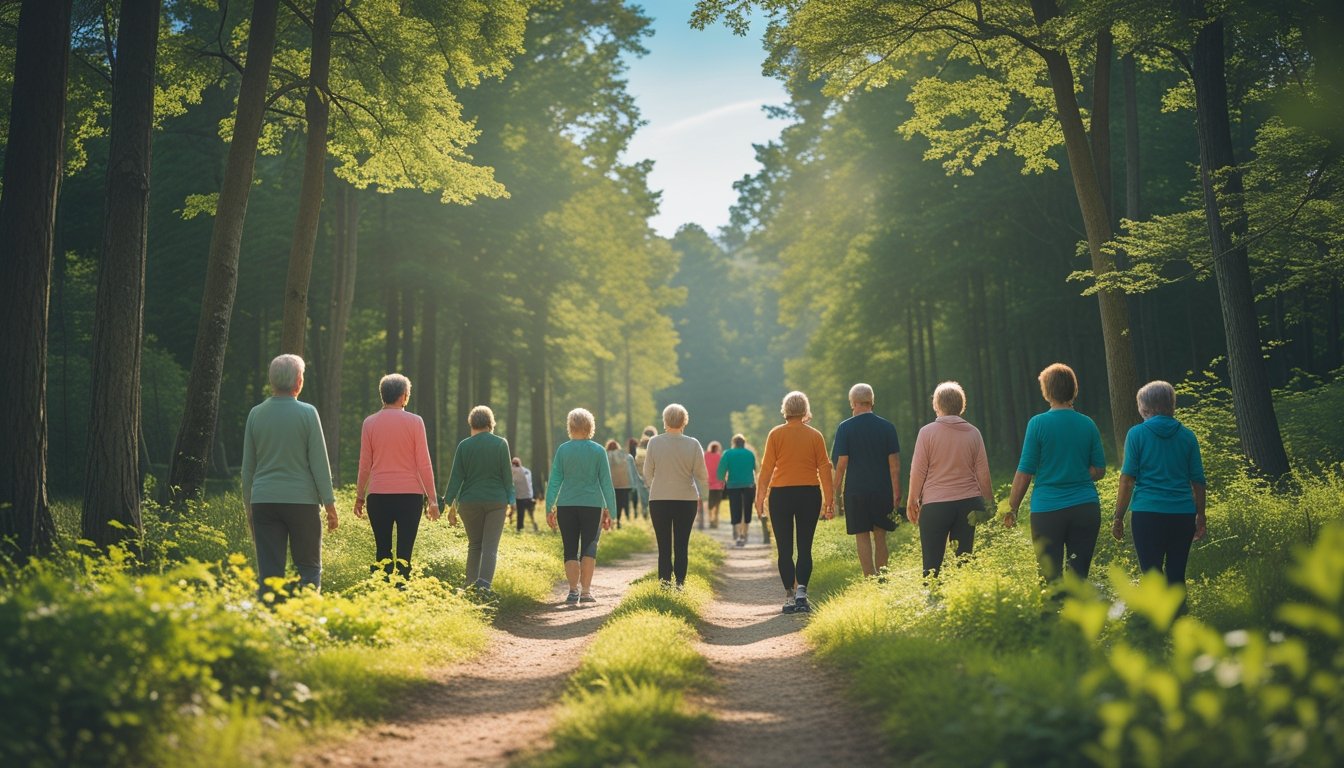 A group of people walking peacefully along a sunlit forest path surrounded by green trees and plants.