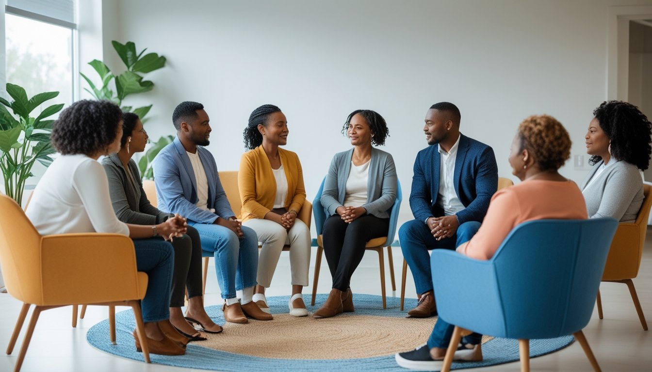 A group of adults sitting in a circle in a bright room, engaged in a supportive conversation about recovery.