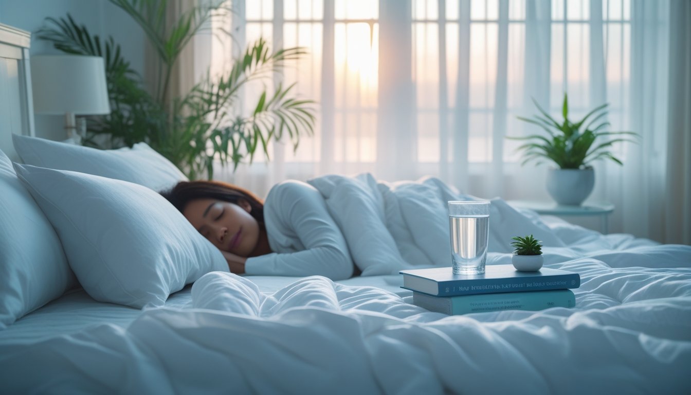 A peaceful bedroom with a made bed, soft natural light, a bedside table with a glass of water and a plant, and a person resting.