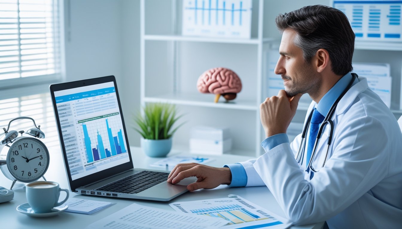 A healthcare professional reviewing sleep data and medical charts in a bright office, surrounded by items representing fatigue and recovery.