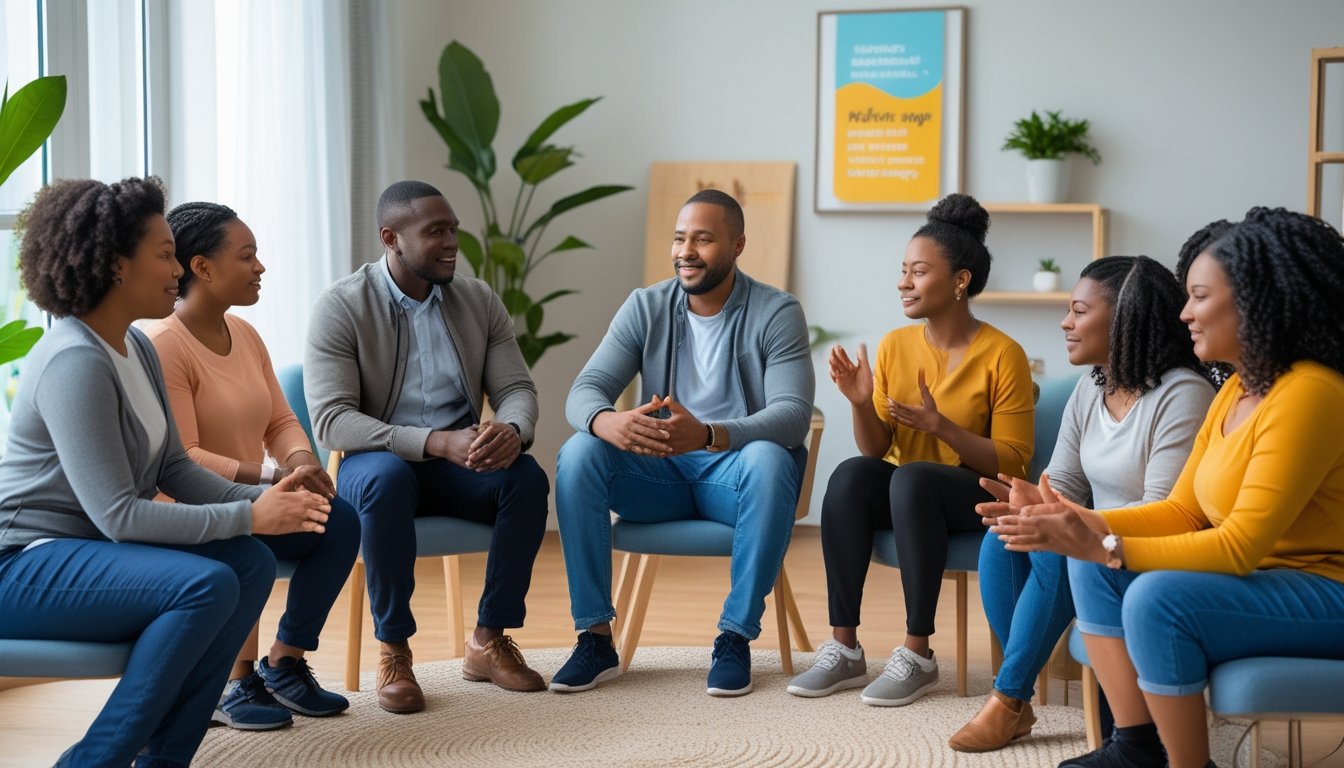 A group of diverse people sitting in a circle in a bright room, engaged in supportive conversation and listening to each other.