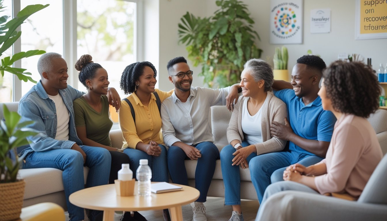 A diverse group of people sitting together in a bright room, talking and supporting each other in a warm and positive environment.
