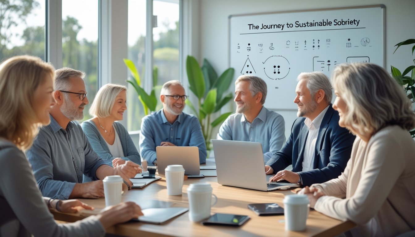 A group of adults sitting around a table in a bright room, engaged in a supportive discussion with notebooks and laptops, surrounded by plants and natural light.