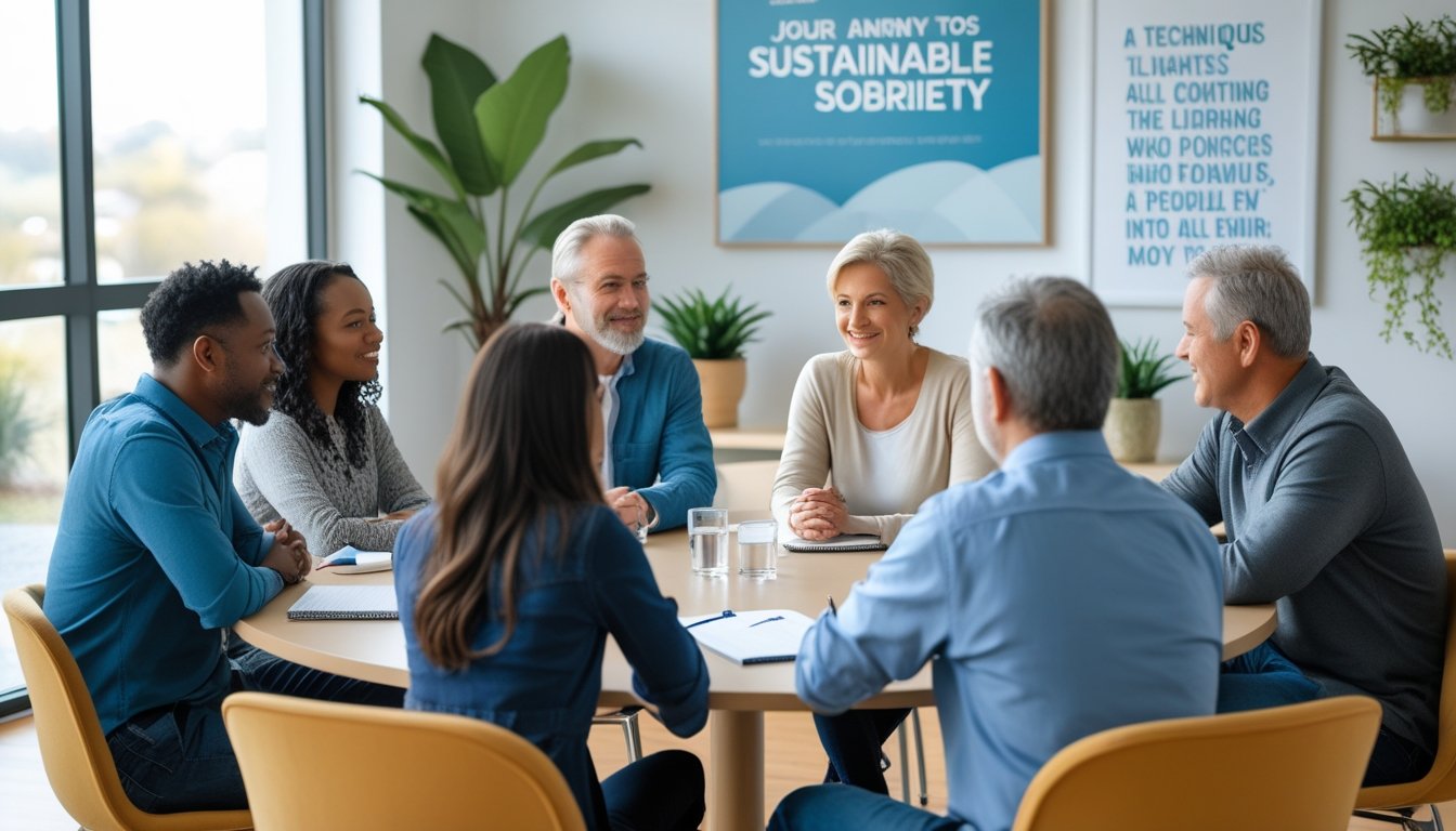 A group of adults sitting around a table engaged in a supportive discussion in a bright room with natural light.
