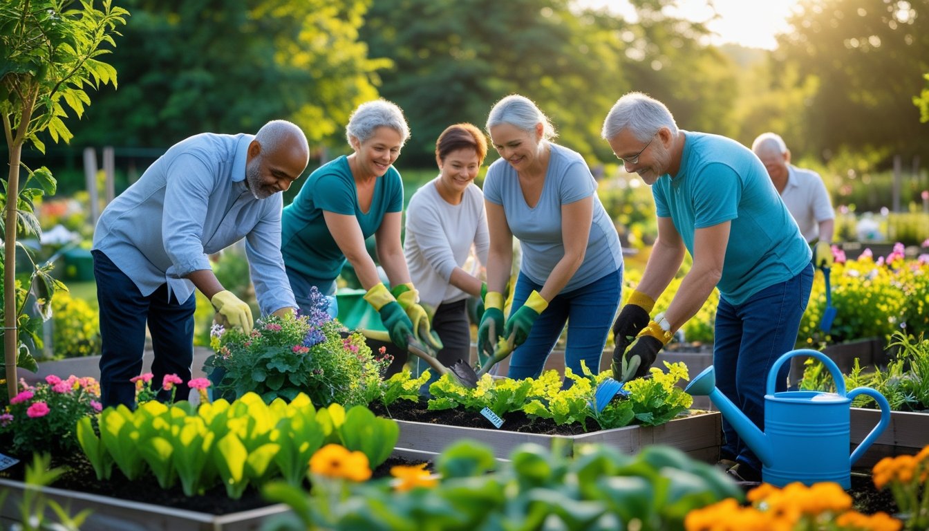 A group of people gardening together in a sunny community garden surrounded by plants and flowers.