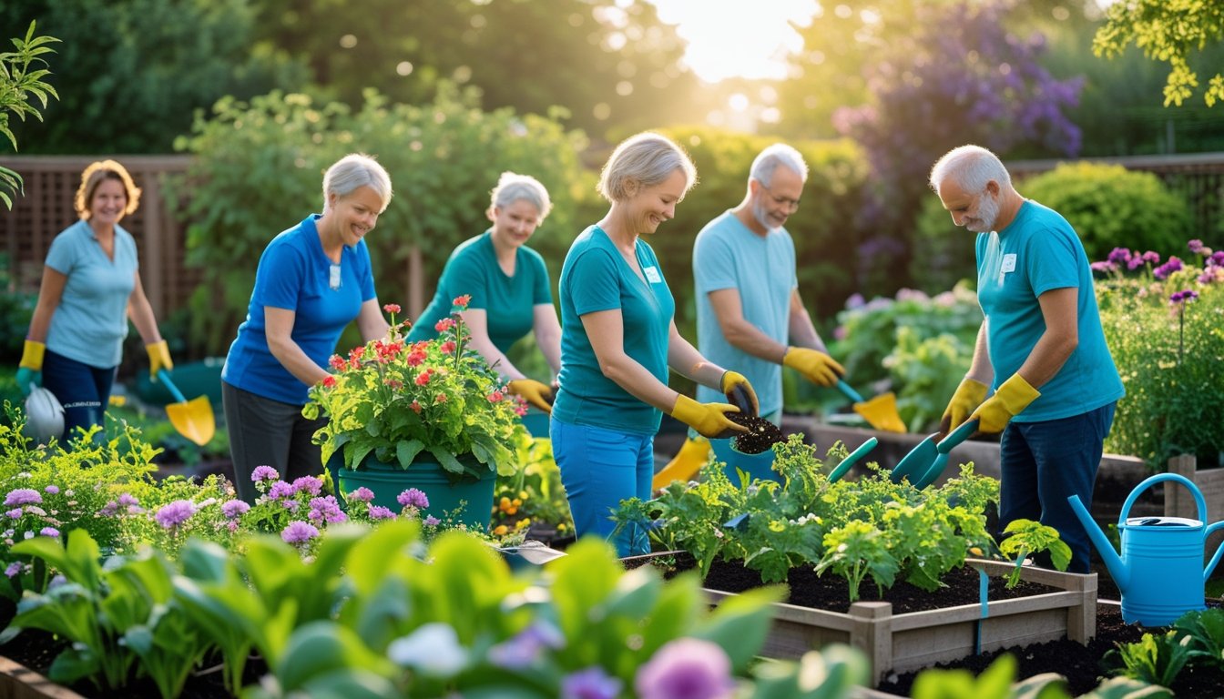 People gardening together in a bright, green garden, planting and watering plants with calm and happy expressions.