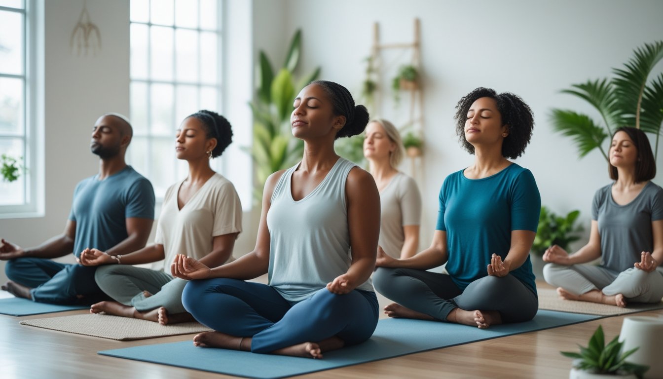 A group of adults sitting calmly with eyes closed in a bright room, practicing mindful breathing for anxiety relief.