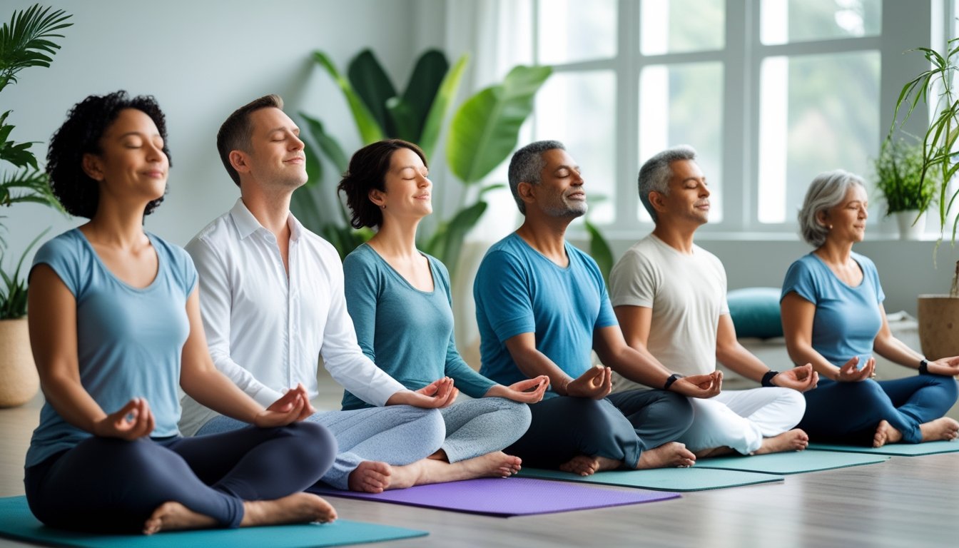 A group of people sitting peacefully in a bright room, practising mindful breathing with relaxed expressions.