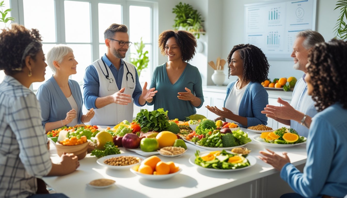 A group of adults in a bright kitchen setting discussing healthy food and nutrition, surrounded by fresh fruits and vegetables.