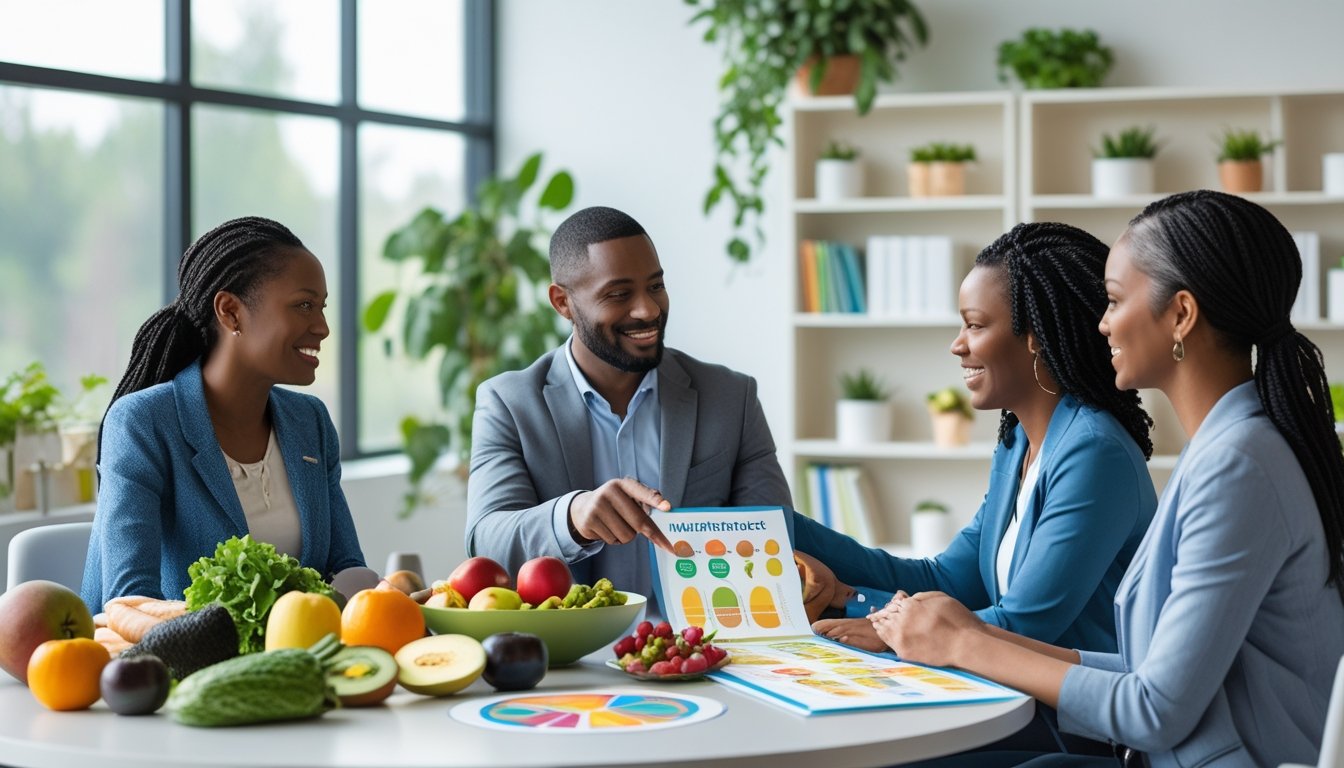 Three adults sitting around a table with fresh fruits and a food chart, engaged in a discussion about nutrition and recovery.