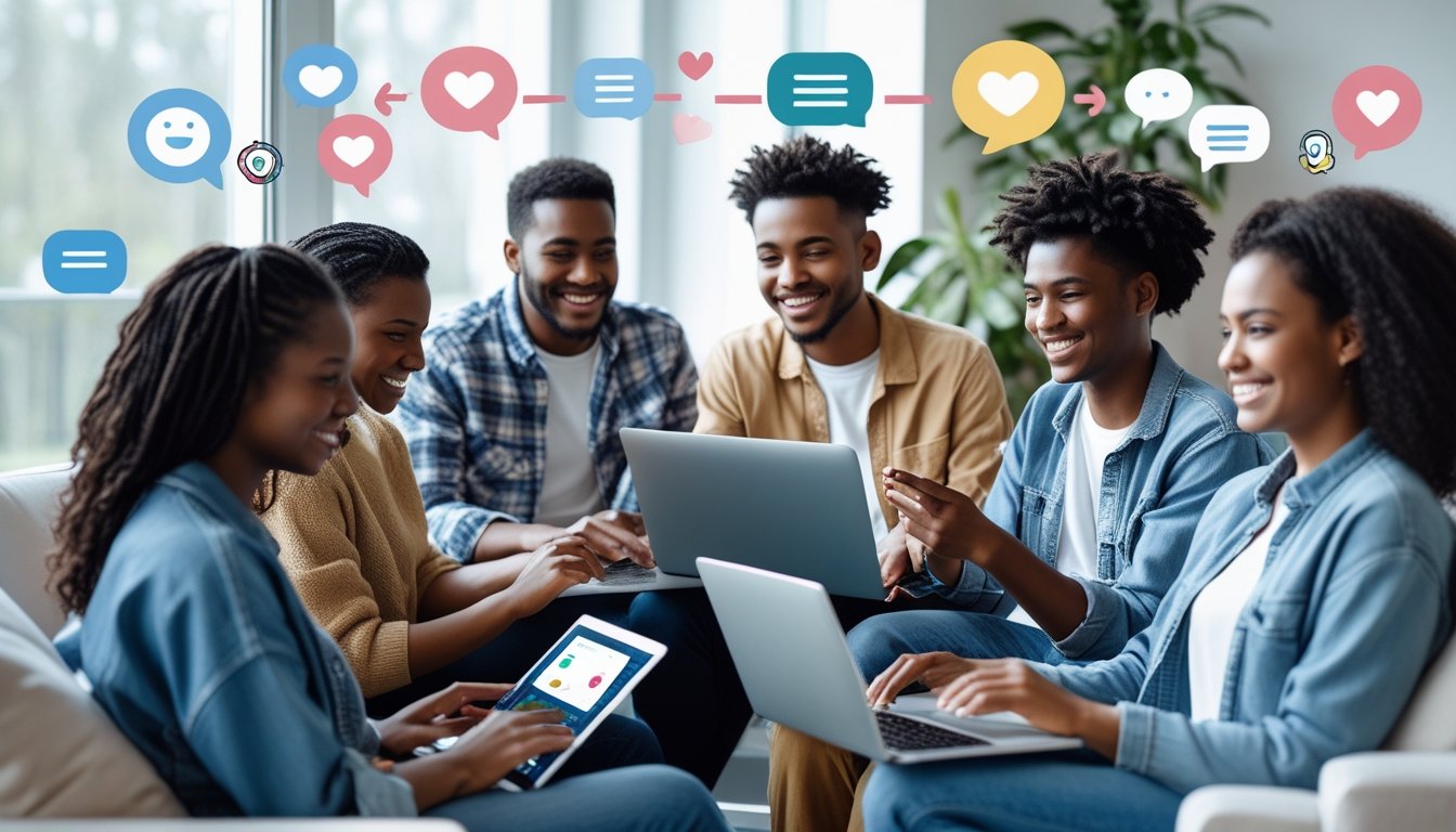 A group of young adults using digital devices together in a bright room, smiling and interacting in a supportive and positive atmosphere.