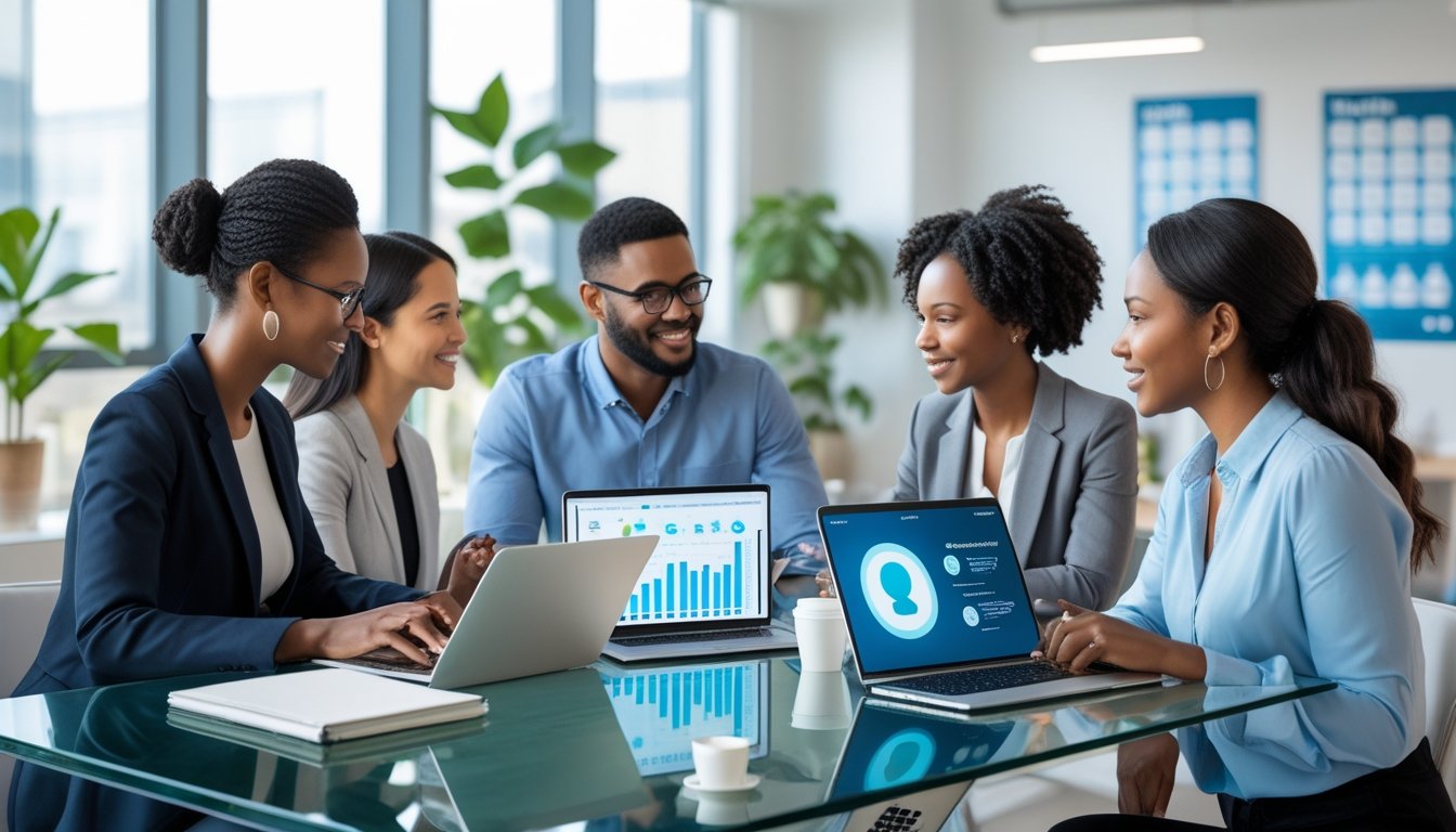 Three people working together around a table with laptops and digital devices in a bright office filled with plants.