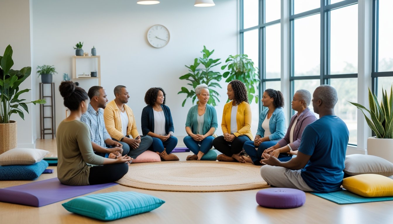 A diverse group of adults sitting in a circle in a bright room, participating in a supportive group therapy session with a therapist.