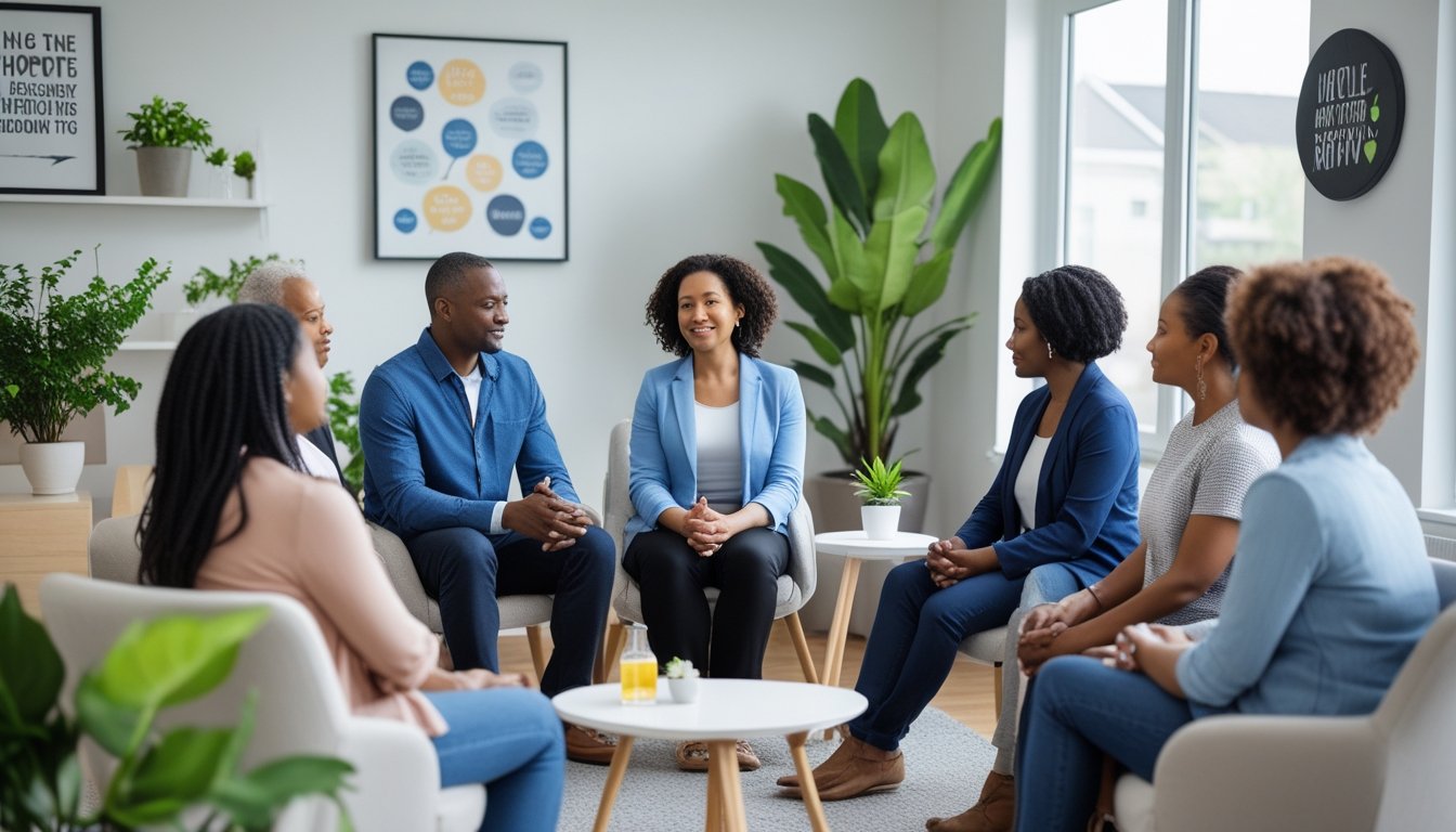 A group of adults sitting in a bright room, engaged in a supportive discussion about overcoming addiction.