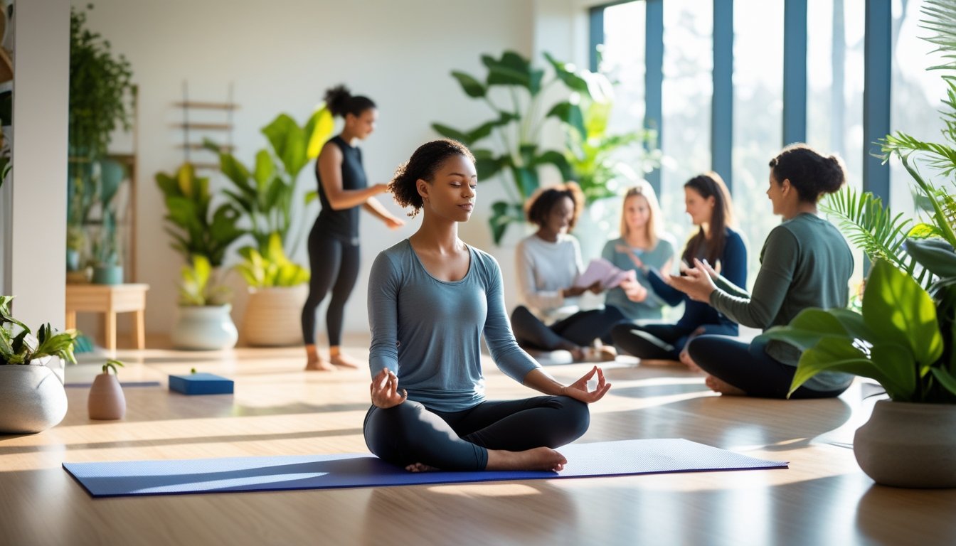 People participating in wellness activities including meditation and group coaching in a bright, plant-filled room.