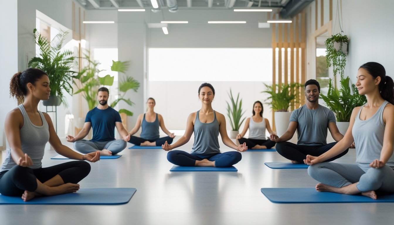 A group of people practising wellness activities like stretching and meditation in a bright, calm room with plants and natural light.
